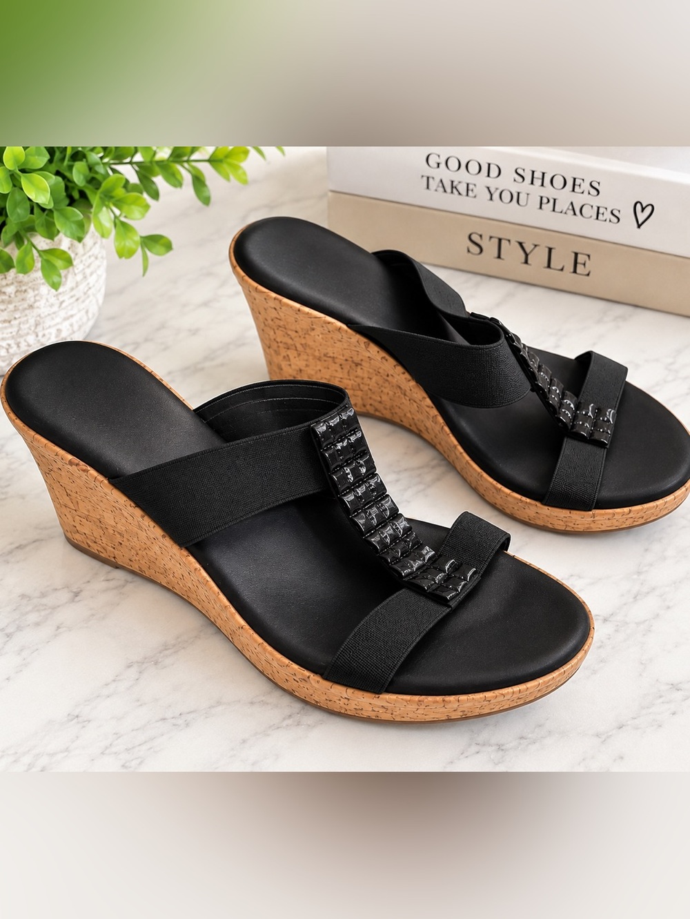 Women's Black Slip-On Elastic Strap Sandals